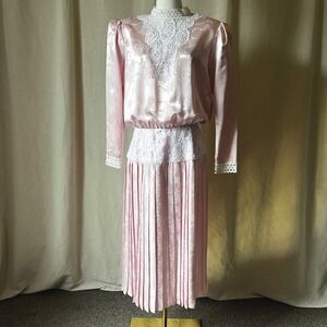 Vintage Jessica McClintock Pink Lace Pleated Midi Dress Romantic Sz 12